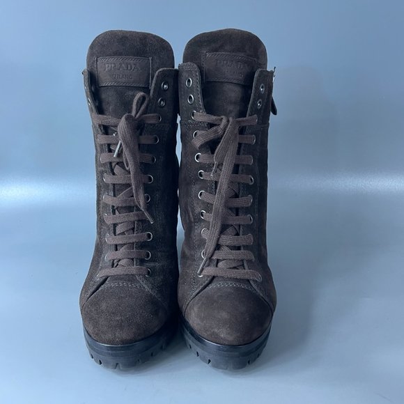 Authentic Prada Sport Brown Suede Lace-up Platform Boots, Size 37 - Picture 3 of 15